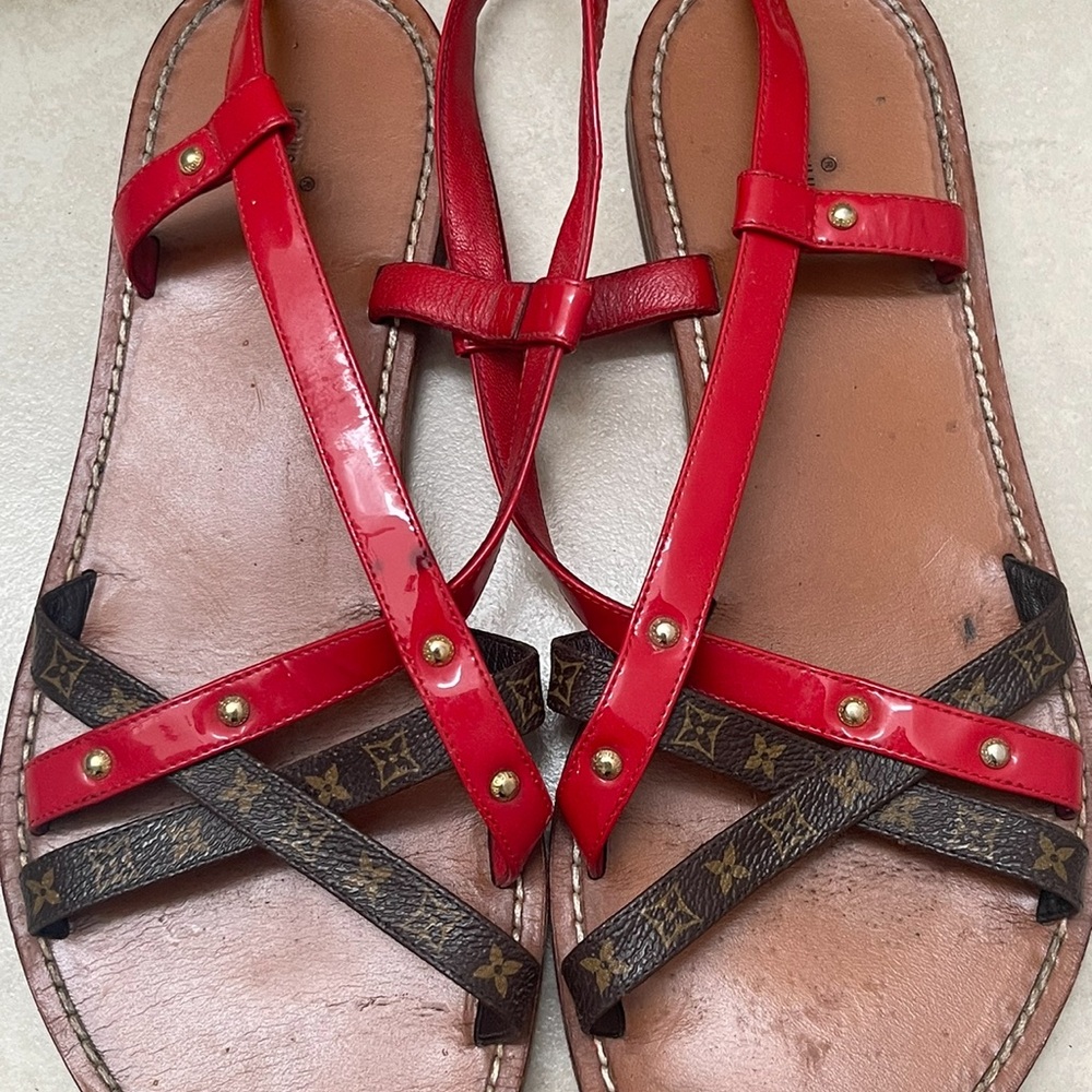 Louis Vuitton Red and Brown Strappy Sandals